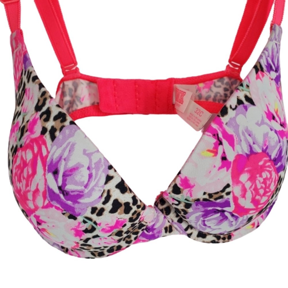 PINK Victoria's Secret Bra Wear Everywhere Push-up Pigeonnant Plunge Floral 32C - Picture 4 of 14